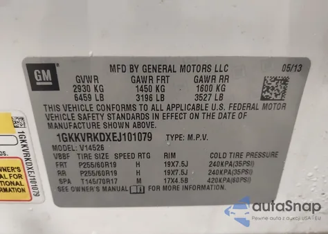 2014 GMC Acadia Slt-1 из США, поврежденный, VIN 1GKKVRKDXEJ101079